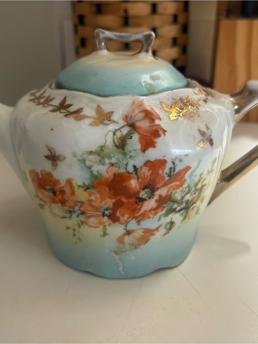 Hand-Painted Floral Porcelain Sugar Bowl in Light Blue and Orange
